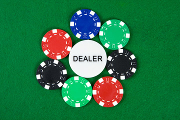 Poker chips arranged in a circle with dealer chip in the middle