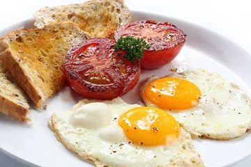 Wall murals Fried eggs Breakfast of fried eggs and tomatoes, with wholewheat toast.