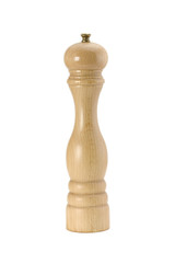 a wooden pepper mill on white background