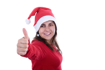 beautiful santa woman in red costume with thumbs up