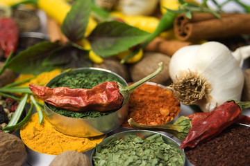 Dried chili pepper and other spices used in indian cuisine