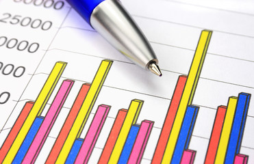 Colorful business chart and blue pen