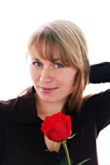 Beautiful young smiling woman with red rose....