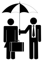 business man holding umbrella for woman