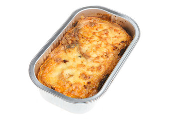 Freshly baked mousakka ready meal in a foil container