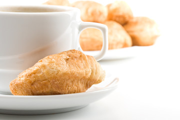 Appetizing pie and cup of coffee on a white background