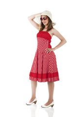 woman isolated on white with a hat and sunglasses