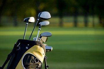 Einen neuen Golfschläger auf einem schönen Golfplatz aufstellen