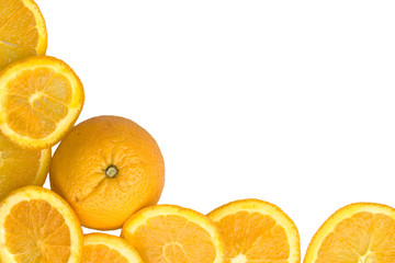 Fresh orange and slices on a white bacground