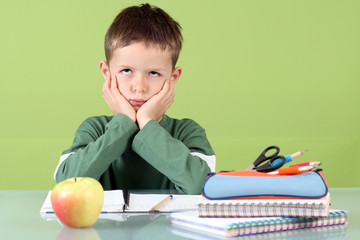 7 years old boy doing his homework - education