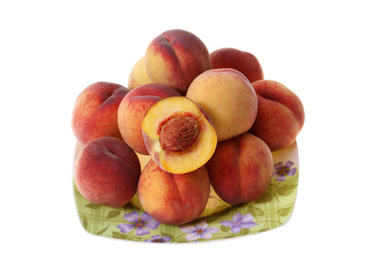peaches arranged in heap isolated on white background