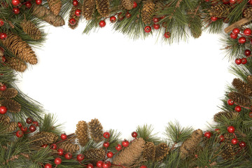 Fototapeta na wymiar Christmas border of pine branches against white background