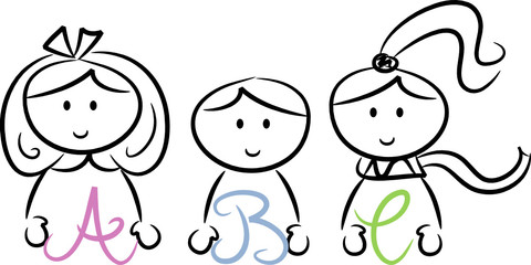 Drei Kinder mit bunten Buchstaben (ABC) in den Händen