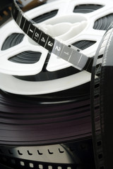 closeup of a scrambled film reels and strips