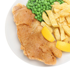 Traditional cod, chips and peas isolated on white
