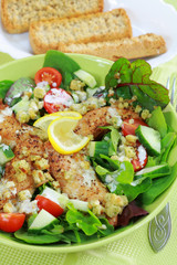 Green mixed salad with chicken stripes and croutons