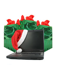 mobile laptop computer with santa christmas hat