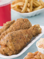 Southern Fried Chicken With Fries, Baked Beans, Coleslaw And A S