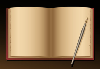 open blank old book and pen - vector