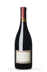 Red wine bottle with blank label on white background.