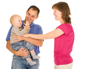 Happy family of three person on a white background