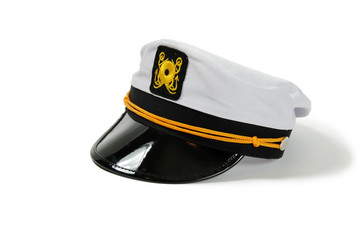 White Nautical hat with black brim and yellow braids