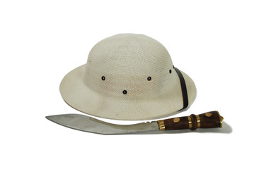 Pith helmet and large hunting knife