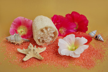 Still life of beauty treatment items with loofah salt and soap.