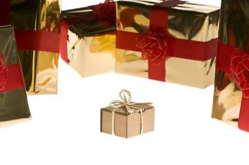 Simple present isolated surrounded by glossy wrapped presents