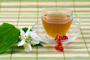 Transparent teacup with tea and flower