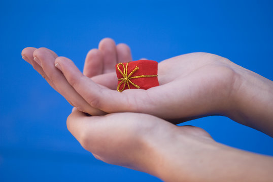Small red gift in hands