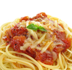 Spaghetti with tomato sauce, cheese oregano and basil