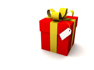 Computer generated gift box with yellow ribbon and blank tag.