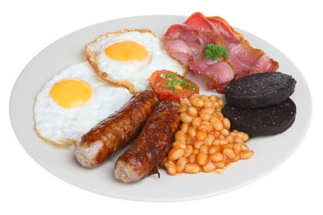 Fried breakfast with baked beans and black pudding