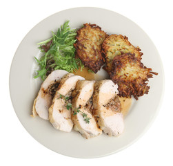Stuffed chicken breast with potato rosti and gravy