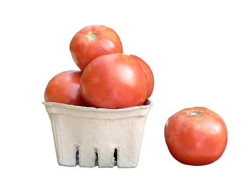 tomatoes in a basket isolated on white via clipping path