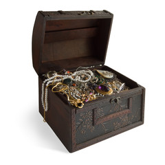 Wooden treasure chest with valuables,clipping path