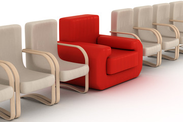 Row armchairs on a white background. 3D image.
