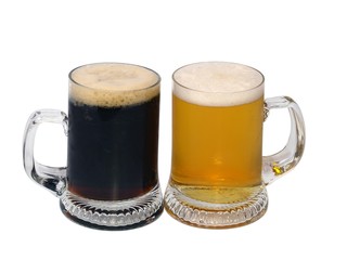 Dark and Light Beer in mugs on white background
