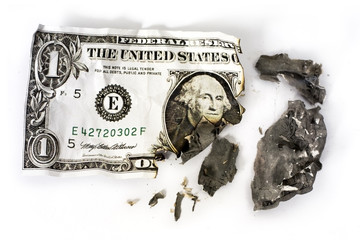 Burn dollar banknote on white background.