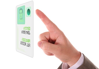 Man entering the door or secure data by touch screen