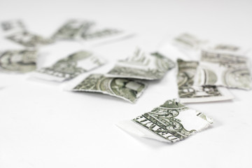 Ripped dollar banknote on white background.