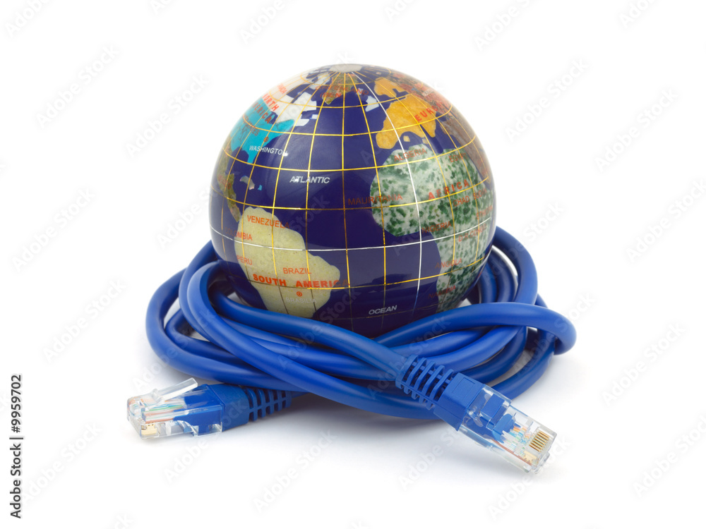 Sticker globe and internet cable isolated on white background