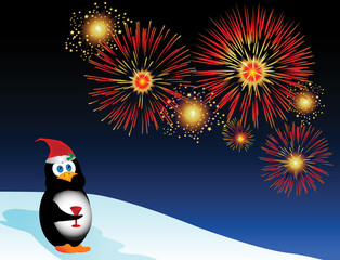 Festive Penguin w Fireworks