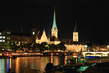 Fototapeta na wymiar The night view of major landmarks in Zurich Switzerland