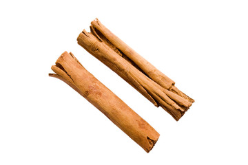 two cinnamon sticks on plain white background