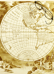 Fototapeta na wymiar Antyczny mapa zachodniej półkuli ze starych okularów