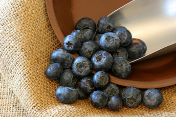 Blueberries and scoop on burlap close-up details