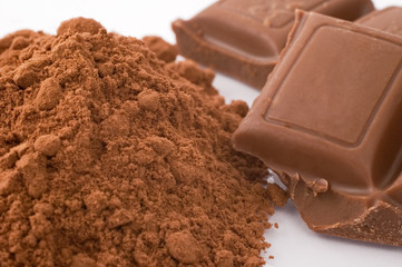 Close- up of chocolarte powder and chocolate blocks
