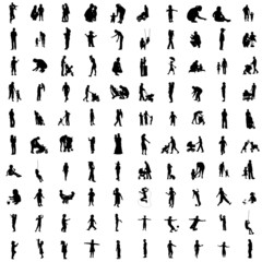 One hundred isolated silhouettes of parents and children.